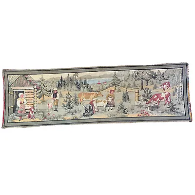 Vtg. European Countryside Tapestry Woven Farm Life Milk Maids Cows Goats  50x15 • $57