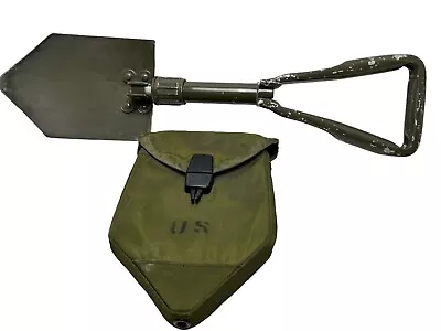 Vintage US Army AMES Black Folding Entrenching E Tool Shovel + Carrier Cover • $47.49