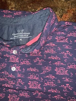 Vineyard Vines Shirt Mens Xl  BluePink Hawaiian Palm Tree Print Polo Edgartown • $23.99