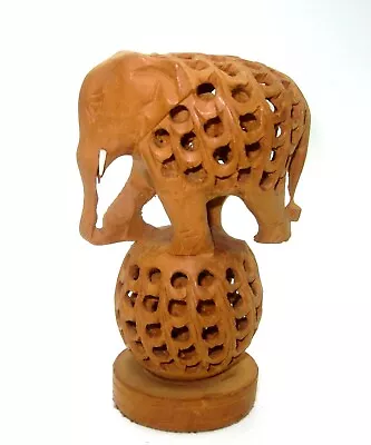 Indian Elephant Figurine Hand Carved 2 Hidden Elephants Wood 5  Tall Vintage • $14