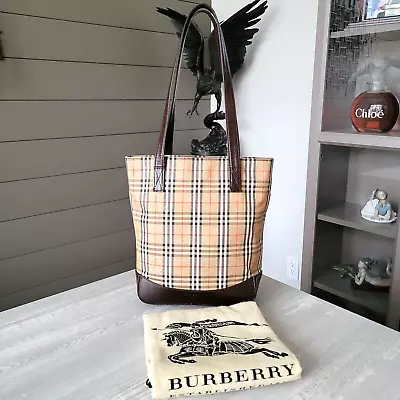 Vintage Burberry Haymarket Check Small Tote Canvas Leather Shoulder Bag Dust Bag • $279