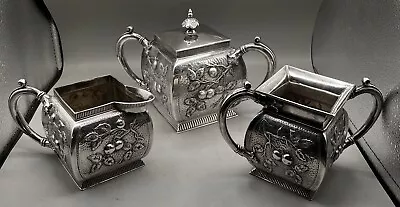 James W. Tufts Quadruple Silver Plate #1935 3 Pc Cherry Tea Set C1880s Boston • $125