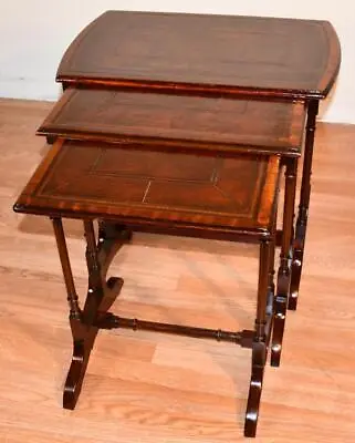 1920 Antique English Regency Mahogany & Leather Top Set Of 3 Nesting Tables • $1350