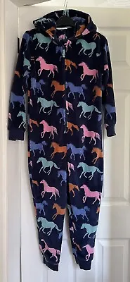 Girls M&s Marks Spencer’s Blue Horse Fluffy All In One Piece Pyjama’s 10-11 Vguc • £3.99