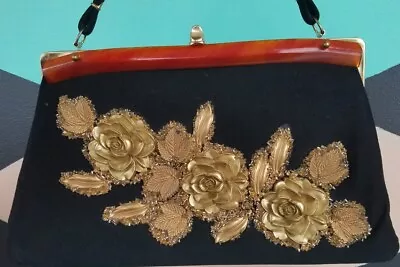 Vintage 50's CARON HOUSTON TEXAS HAND CRAFTED BEADS Gold Rose PURSE Rare Black • $57.99