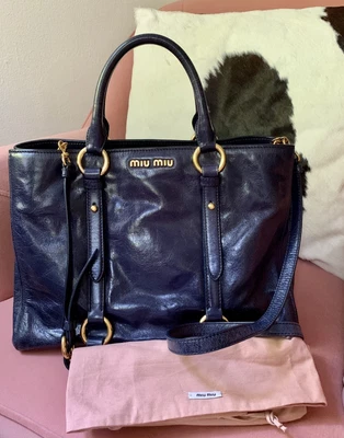 $568 • Buy Brand New Miu Miu Vitello Lux Leather Tote Blue Authentic With A Strap Ret.$2680