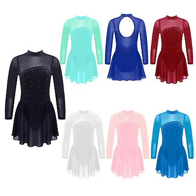 Kid Girls Long Sleeves Figure Ice Skating Dress Ballet Dance Gymnastic Leotard • £14.53