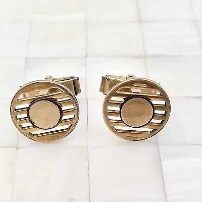 Gold Tone Circle Round Whale Back Cufflinks Has WearThe Vintage Strand #0875 • $10.19