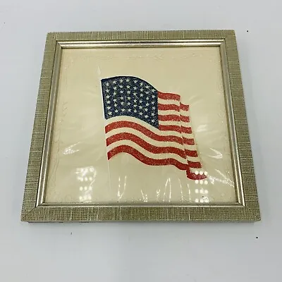 Reverse Painted Patriotic Framed USA Flag W Glitter Mica 6.5x6.5” Vtg Americana • $20