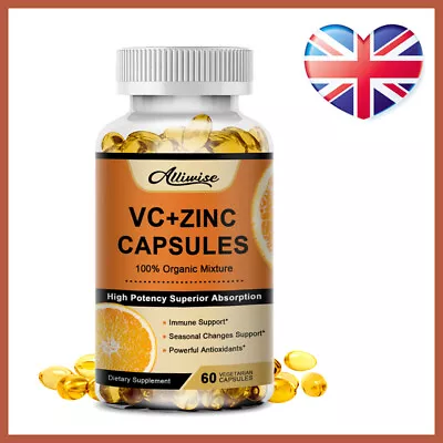 60Pcs Organic Natural Vitamin C +Zinc Capsules Immune System Health Antioxidant • £11.99