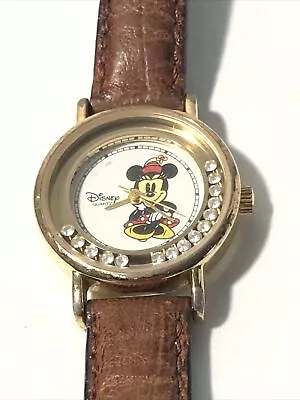 Disney Minnie Mouse Watch- Floating Crystal Brown Leather Band-New Battery! • $20