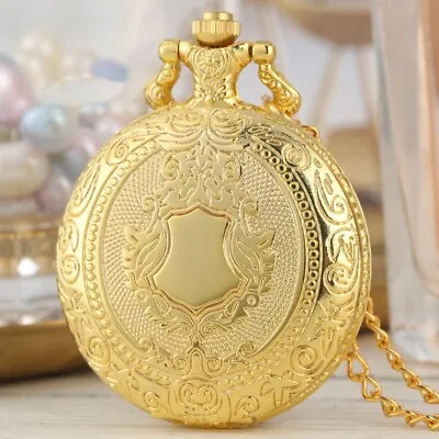 Gold Shield Case Men's Quartz Analog Pocket Watch With Chain Luxury Gifts • $4.63