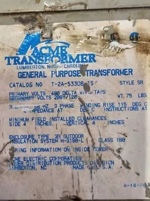 Acme T-2-53308-1S General Purpose Transformer 208Y/120 VAC 60 MHz • $450