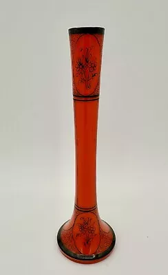 Vintage 8.25  Czech Tango Orange Glass Bud Vase - Hand-Decorated • $14.49