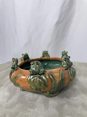 RARE Vintage Majolica 6 Frogs Glazed Pottery Planter Bowl Bonsai Dish 5x3 • $120