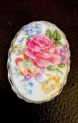 Fine Sterling Silver Limoges Porcelain Hand Painted Leaf Brooch • £25