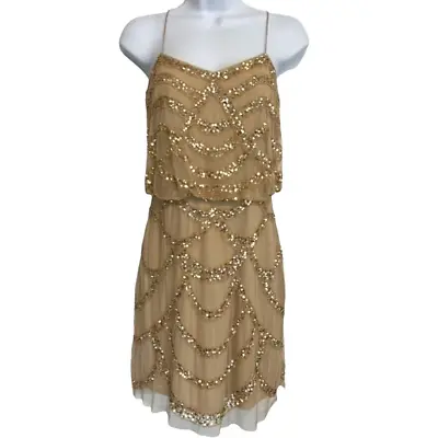 Aidan Mattox Mini Slip Dress Sequin Gold Mesh Blouson Overlay Spaghetti Strap 0 • $31.99