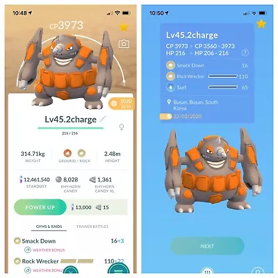 Rhyperior Legacy Pokemon Trade Go Lv 45 Unlocked 2 Charge Pokémon Go Master Pvp • $9.30