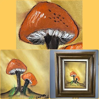Vtg 70s Mid Century Original Mushroom Fungi Painting Signed Framed Orange Gold • $38