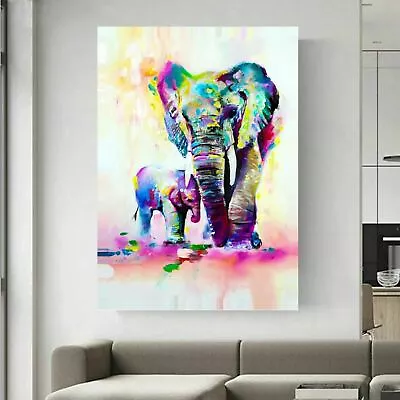 Elephants Family Colourful Abstract - DEEP FRAMED CANVAS WALL ART POSTER PRINT • £5.94