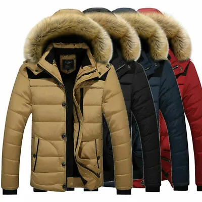 Men's Parka Quilted Jacket Fur Hood Lined Parker Winter Warm Comfort Padded Coat • £34.99