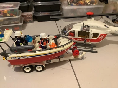 £20 • Buy Playmobil 4823 Fire Rescue Boat With Trailer And Air Rescue Medic Helicopter