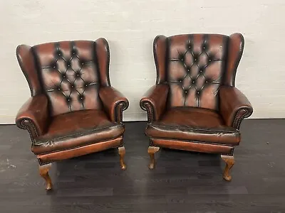 Chesterfield Queen Ann Chairs A Beautiful Matching Pair In Tobacco Brown • £995