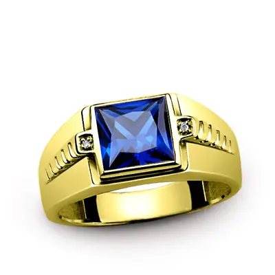 10K Gold Men's Ring With Blue Sapphire Gemstone And Natural Diamonds • $639