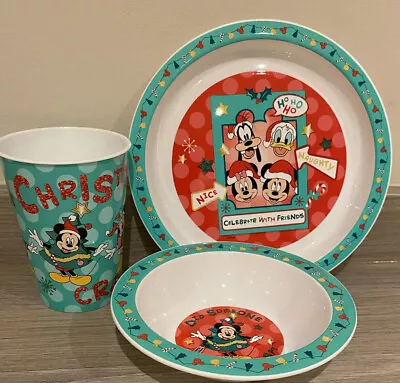 DISNEY MICKEY & FRIENDS CHRISTMAS BREAKFAST 3p SET BOWLPLATE & CUP KIDS PLASTIC • £8