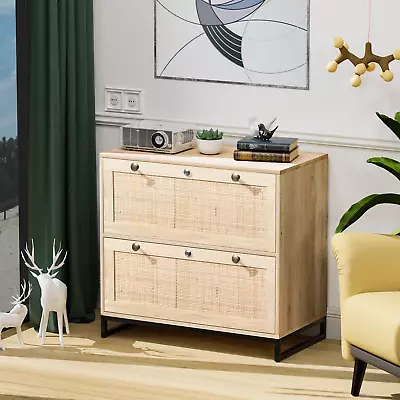 Wood Rattan 2-Drawer Lateral File Cabinet With Lock For Home Office Letter/Legal • $149.99