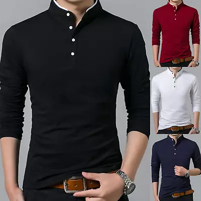 Men's Grandad Shirts Polo Shirt Long Sleeve Mandarin Collar Slim Fit Pique  • $16.15