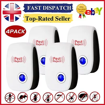 4 Pack Ultrasonic Pest Repeller Mouse Spider Mosquito Mice Repellent Rat Insects • £10.49