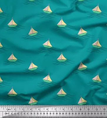 Soimoi Green Cotton Poplin Fabric Yacht & Waves Nautical Printed-B93 • $10.93