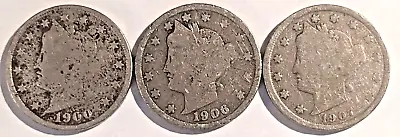 $0.99 • Buy LOT (3) Liberty/ V Nickels~1900-(P),1906-(P),1907-(P)~Face 15¢~Free Shipping~098