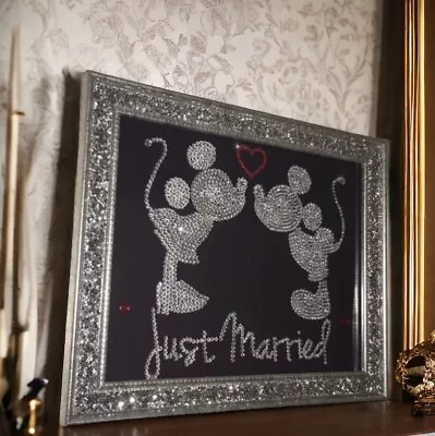 Just Married Micky Mouse & Minnie Mouse Bling Design Framed Picture Handmade • £16.99