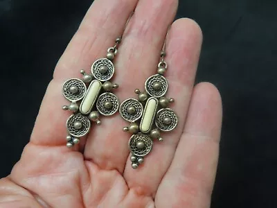 Vintage Antiqued Silver Tone Cream Dangle Pierced Earrings • $13.49