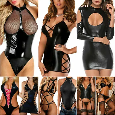 £7.12 • Buy UK Women's Sexy Lingerie Bandage Faux Leather Wet Look Bodysuit Dress Underwear-