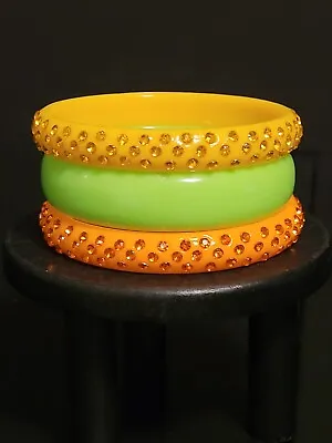 Vintage Mod Plastic Crystal Orange & Yellow Bangle Neon Green Bracelets • $20