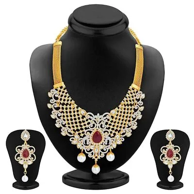 $29.04 • Buy Indian Sparkling Gold Plated A.D. Bollywood Fashion Choker Necklace Jewelry Set