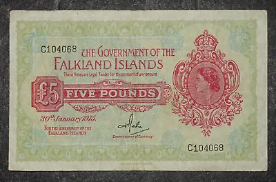 1975 January £5 Falkland Islands -{ C104068 }- P-9b Red Banknote • £169.99