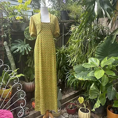 Vtg 60s 70s Cotton India Block Print Maxi Dress Sz Medium Hippie Boho Floral • $64