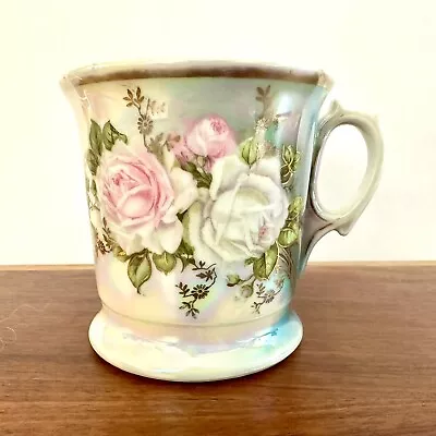 Vintage Lusterware Mustache Cup Mug Porcelain W/ Hand Painted Roses Gold Trim • $18.20