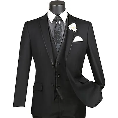 VINCI Men's Black 3pc 2 Button Slim Fit Tuxedo Suit W/ Matching Vest NEW • $135