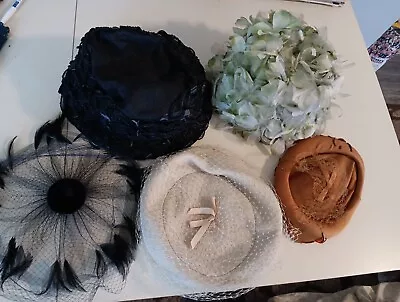 5 Vintage Ladies Hat Lot Net Feathers Flowers Ribbons Bows Black Green White • $41.59