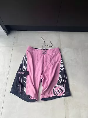 Animal Board Shorts Size M Surf Swim Sea Beach Pink Black White Wide Leg • £14