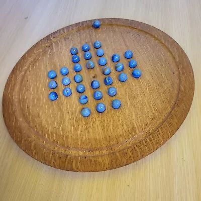 14  Diameter  Round Wooden Solitaire Marbles Game Board Handmade - With Marbles • £15