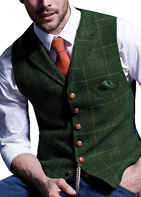 Mens Vintage Tweed Waistcoat Cowboy Hunting Groom Bestman Formal Casual Vests • £19.19