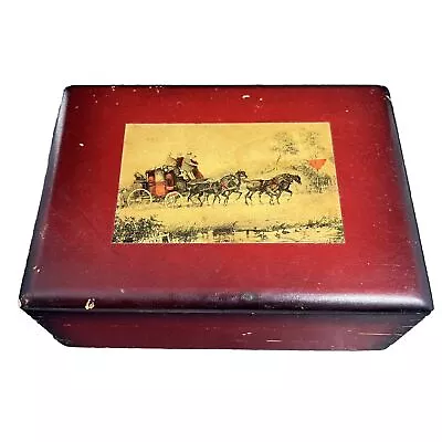 Vtg Wooden Trinket Jewelry Box Dovetail Red Coach Horse Carriage Hinged Litho • $22.99