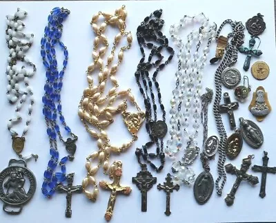 Vtg Rosary Beads Lot Repair Parts Wht Blue Glass Faux Pearl St Medals Crucifix  • $10.50