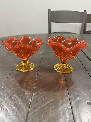 Viking Glass Persimmon Orange Amberina 6 Petal Candle Holders MCM Set Of 2 • $29.99